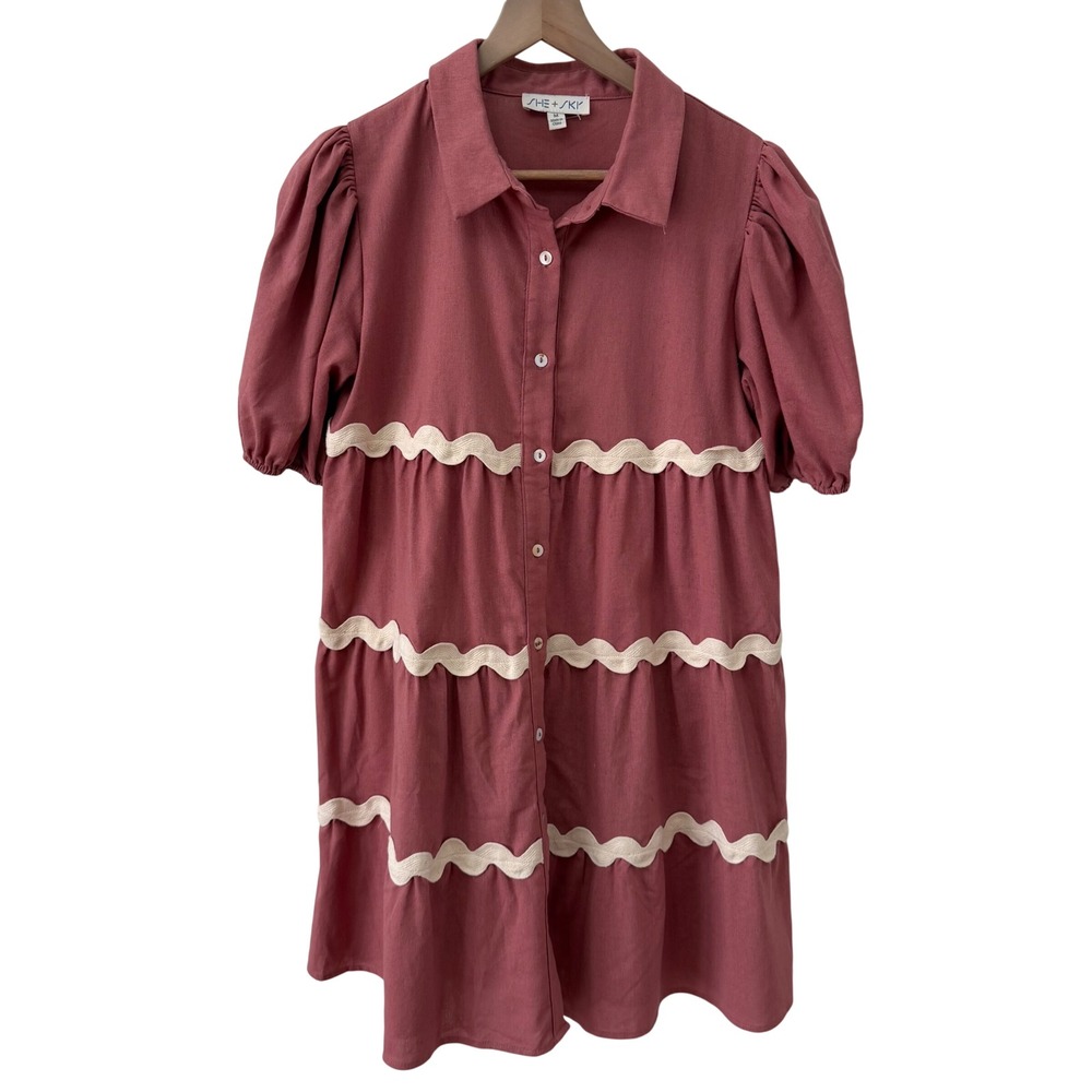 She + Sky Mini Dress Medium‎ Pink Ric-Rac Tiered Puff Sleeve Linen Blend